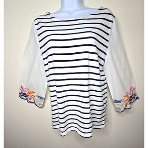 Chico's Striped Embroidered Scalloped Sleeve Top Size 1 Medium Boho Nautical
